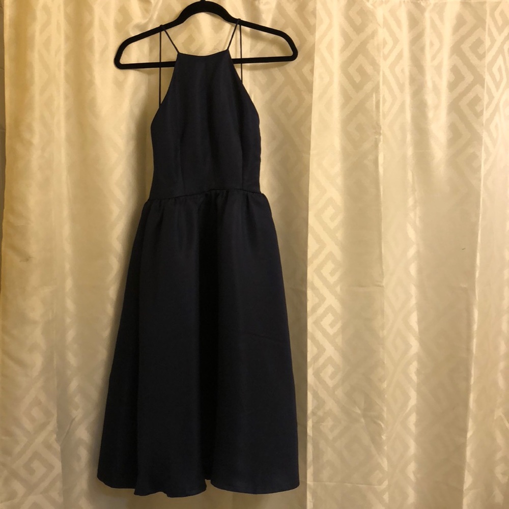 Navy High Neck Midi Dress